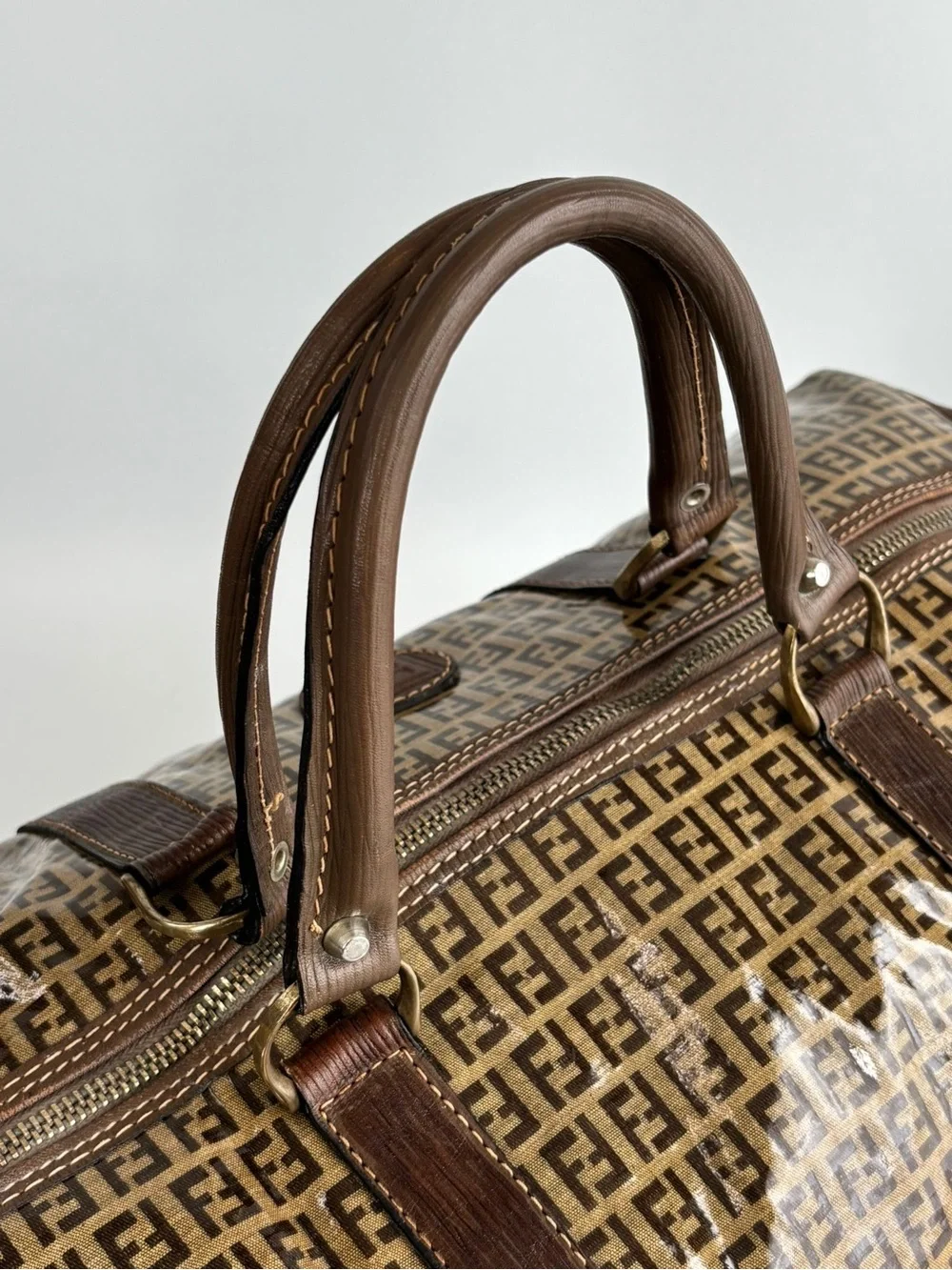 Fendi Zucca Monogram Coated Canvas Duffle Bag Brown Luxury Travel